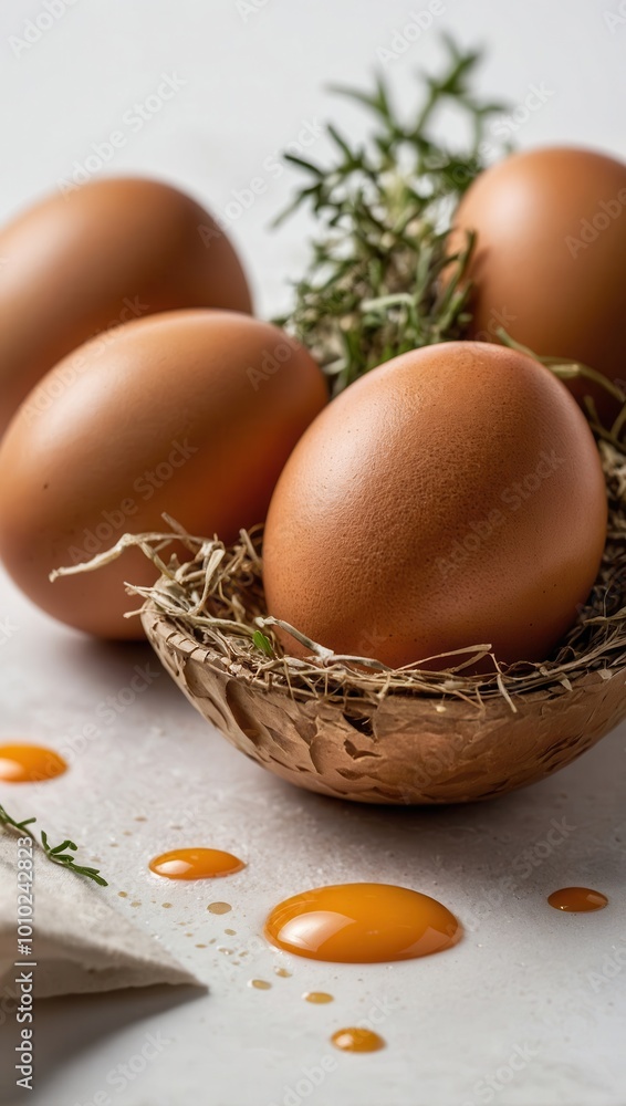 Brown eggs arranged in three rows on countertop with a small herb sprig on left side Brown eggs arranged in three rows on countertop with a small herb sprig on left side
