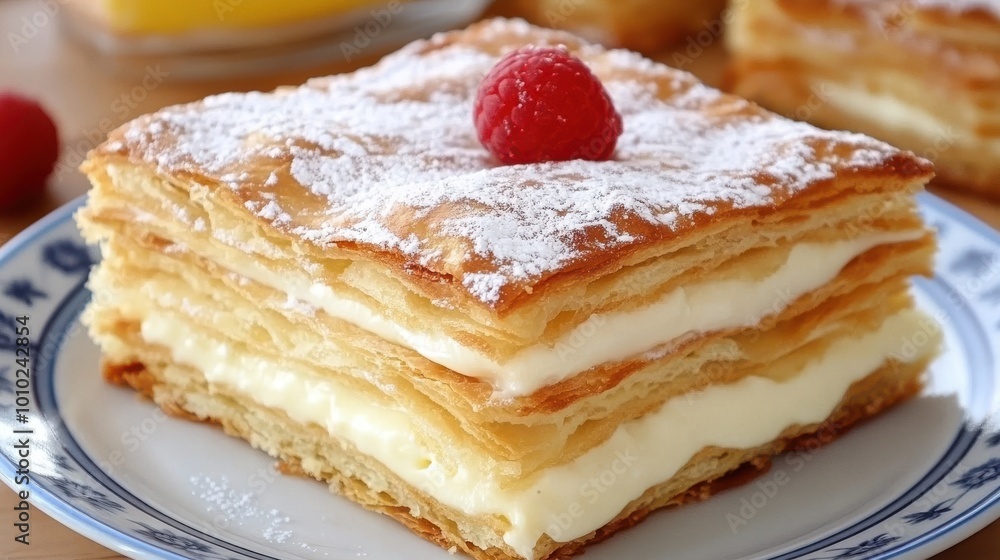 French mille-feuille cake on a plate, vanilla or custard slice, bakery setting French mille-feuille cake on a plate, vanilla or custard slice, bakery setting