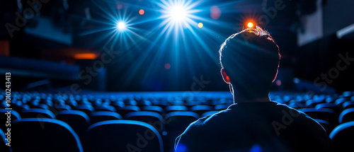 Audience member waiting in theater with blue lighting effects. photo