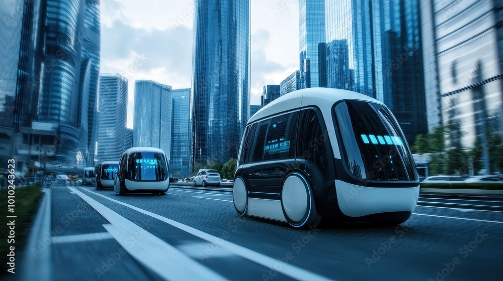 Futuristic Self-Driving Car in Modern Cityscape Futuristic Self-Driving Car in Modern Cityscape