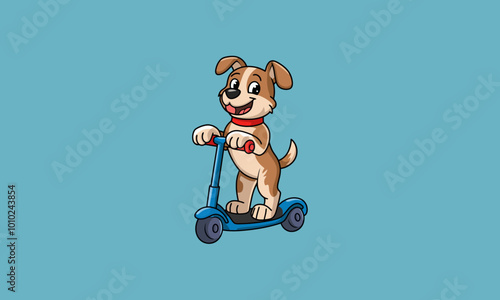 Cartoon dog riding a blue scooter with a happy expression.