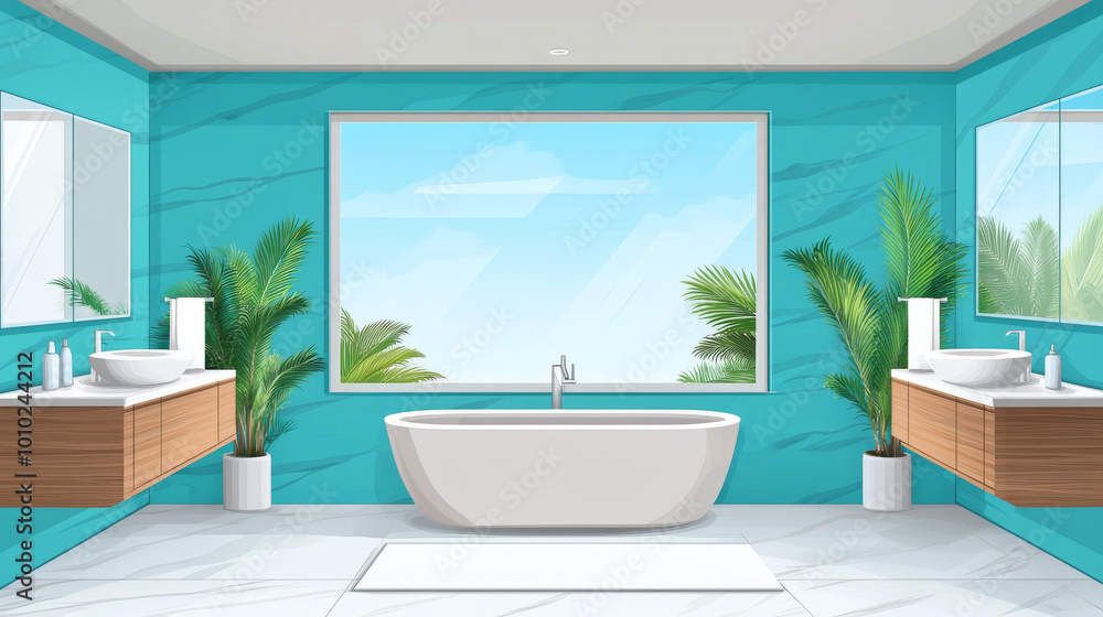 Modern bathroom with a bathtub and large window Modern bathroom with a bathtub and large window
