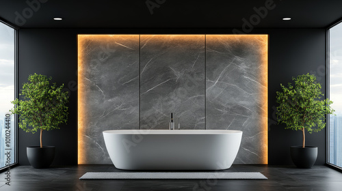 Modern bathroom with a freestanding tub, marble wall, and warm lighting.