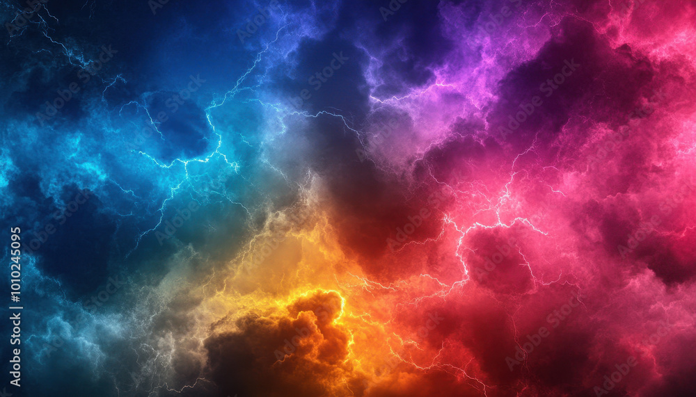 Vibrantly colored lightning illuminates a dramatic sky with swirling clouds in hues of blue, pink, and yellow, creating a mesmerizing natural spectacle. Vibrantly colored lightning illuminates a dramatic sky with swirling clouds in hues of blue, pink, and yellow, creating a mesmerizing natural spectacle.