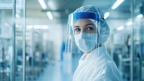 Woman in Protective Gear Looking at Camera in a Clean Room