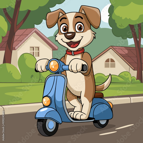 Cartoon dog riding a blue scooter on a path through a park.