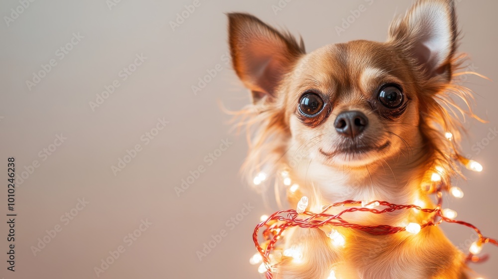Small dog wrapped in Christmas lights