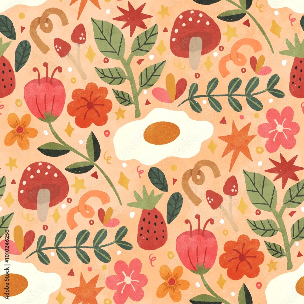 Egg, mushroom , plant and flowers seamless patterned background Egg, mushroom , plant and flowers seamless patterned background