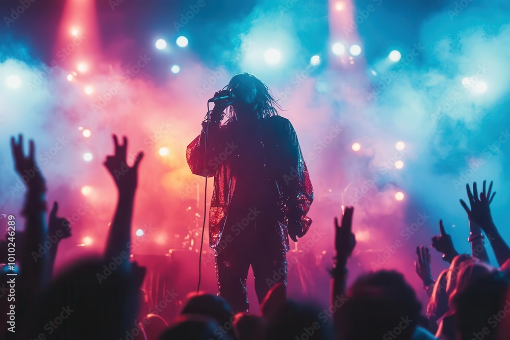 Fototapeta premium Dynamic concert scene with a performer on stage, energized crowd, vibrant lights, and an electrifying atmosphere.