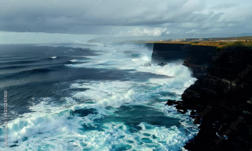 Powerful waves collide with steep cliffs, creating a breathtaking scene under the cover of a dramatic sky Powerful waves collide with steep cliffs, creating a breathtaking scene under the cover of a dramatic sky