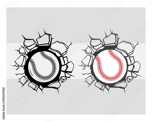 Photography Baseball In the Wall, Broken Baseball Svg, Ripped Baseball Svg, Baseball Silhoue