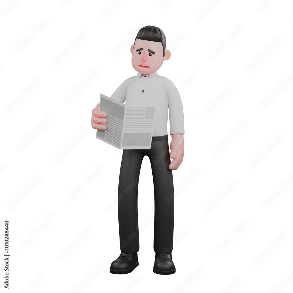 Business Strategy Expert 3D Model. A male businessman stands holding a newspaper in his right hand with a sad expression. Cartoon Business Strategy Expert 3D Model. A male businessman stands holding a newspaper in his right hand with a sad expression. Cartoon