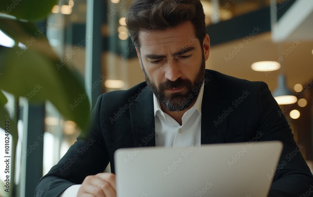 A focused man analyzes data on a laptop while seated in a modern workspace, surrounded by greenery. A focused man analyzes data on a laptop while seated in a modern workspace, surrounded by greenery.