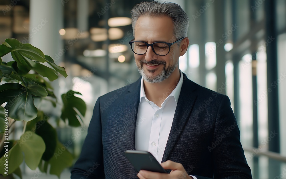 A professional man in a stylish suit, smiling while checking his smartphone near a decorative plant in a modern office setting. A professional man in a stylish suit, smiling while checking his smartphone near a decorative plant in a modern office setting.