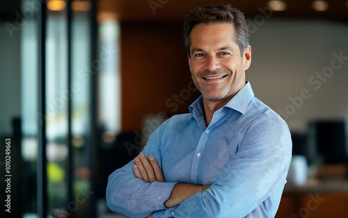 A confident man smiles, wearing a patterned blue shirt, standing with arms crossed in a professional setting.