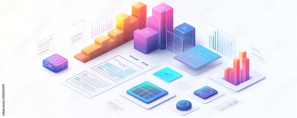 Business report data presentation in isometric perspective, white background, detailed charts and graphs, professional design Business report data presentation in isometric perspective, white background, detailed charts and graphs, professional design