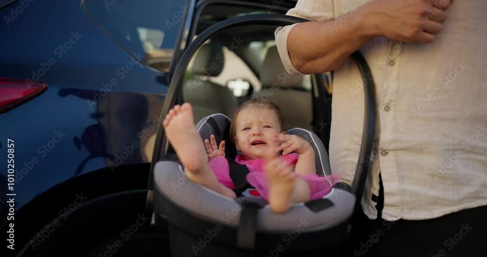Close up of a little girl in a pink dress lying and fidgeting in a car ...