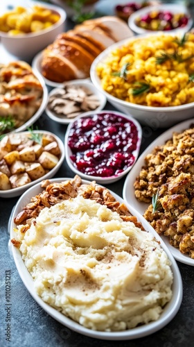 Delicious thanksgiving feast with turkey, mashed potatoes, stuffing, and cranberry sauce