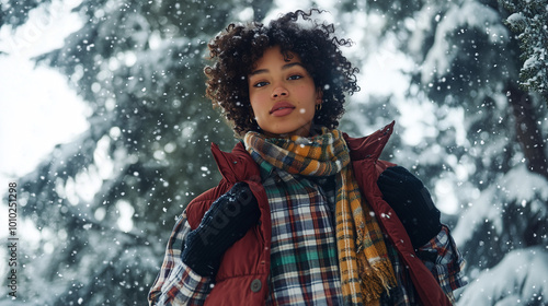 A layered look featuring a plaid flannel shirt, a puffer vest, a scarf, and gloves