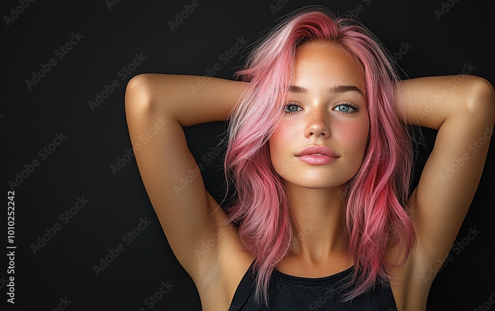 Obraz premium Adult woman with pinkdyed hair, hands placed behind her head, serene and confident portrait, vibrant hair color, contemporary aesthetic