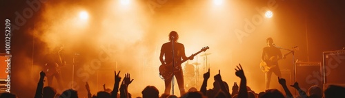 Energetic concert scene with a musician performing on stage under vibrant lights, captivating an enthusiastic crowd.