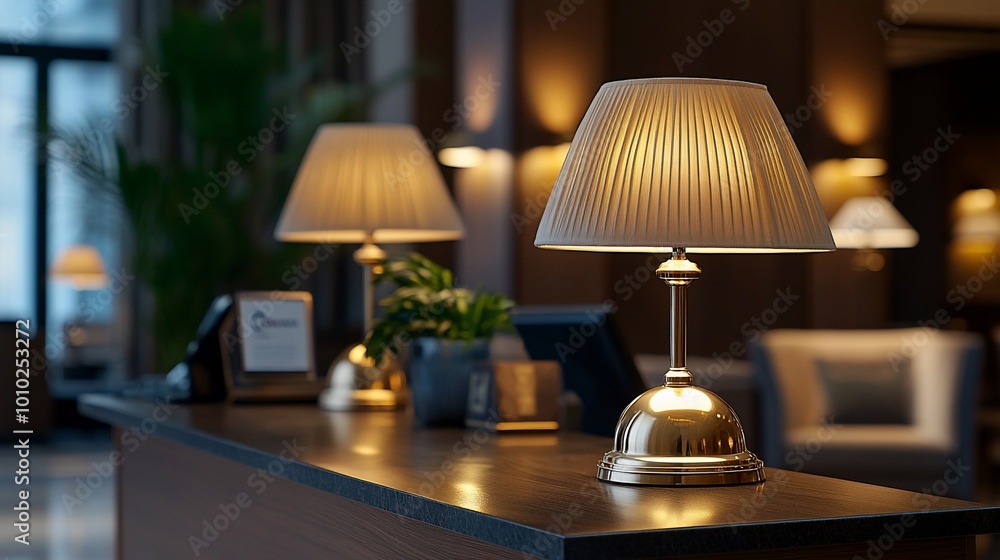 Two lamps with white shades on a wooden counter in a hotel lobby. Two lamps with white shades on a wooden counter in a hotel lobby.