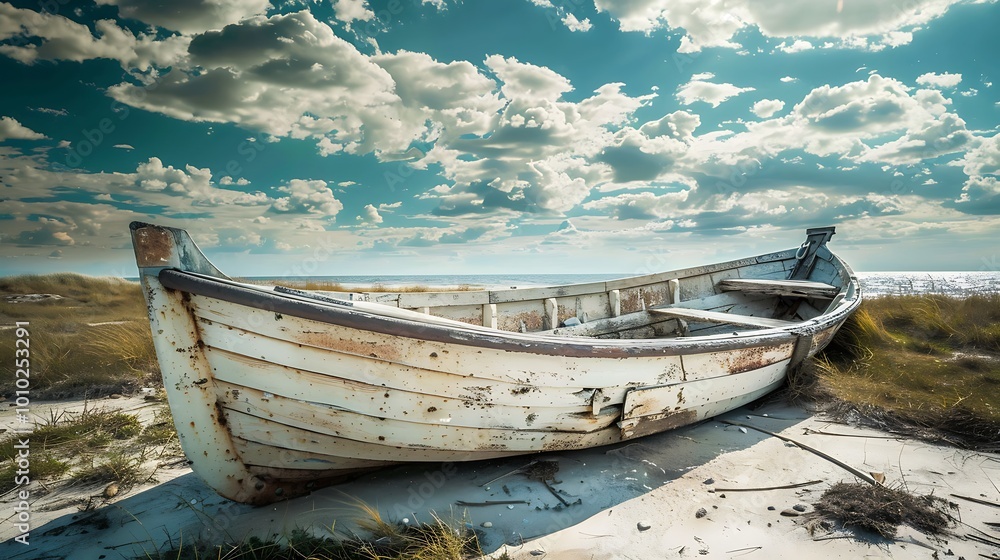 Abandoned boat on the beach at sunrise Abandoned boat on the beach at sunrise