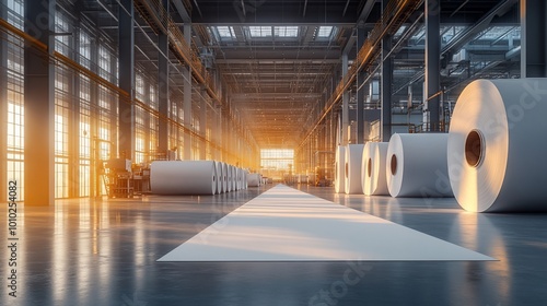 Large rolls of paper in an industrial factory setting.