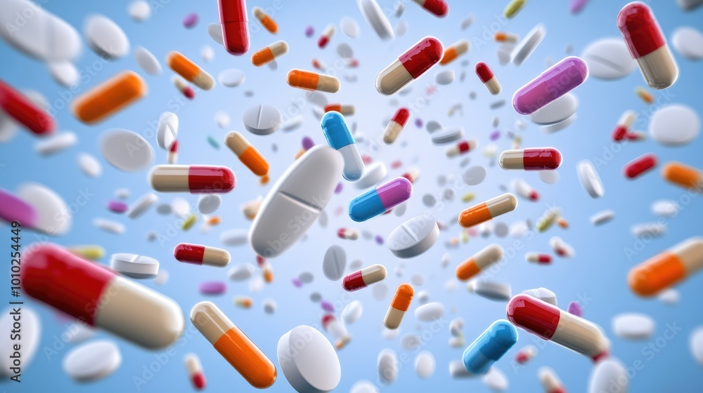 Multi-colored pills and capsules of drugs flying in all directions Multi-colored pills and capsules of drugs flying in all directions