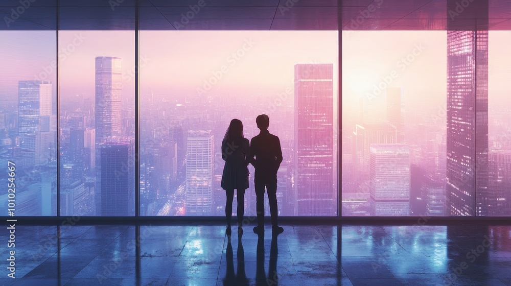 Silhouetted Figures Overlooking a Vibrant City Skyline at Sunset Silhouetted Figures Overlooking a Vibrant City Skyline at Sunset