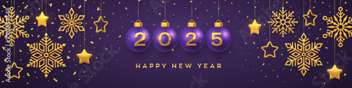 Happy New Year 2025. Hanging Purple Christmas bauble balls with realistic golden 3d numbers 2025. Golden snowflakes and 3D metallic stars on red background. Holiday banner, header. Vector Illustration