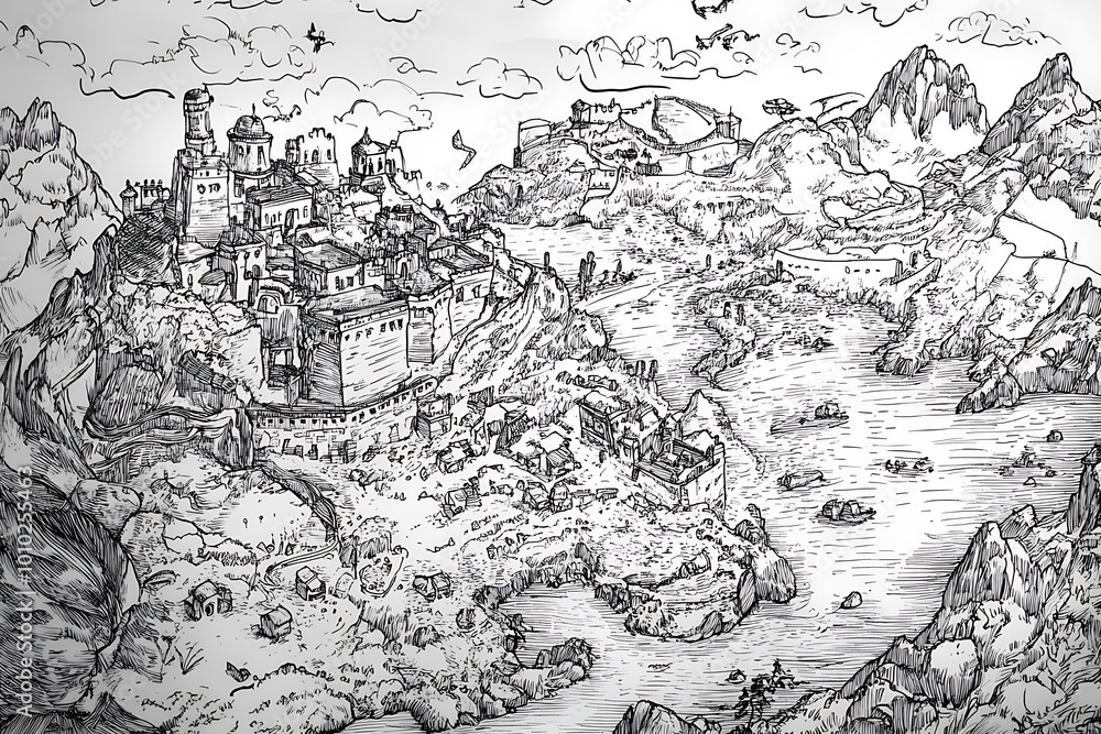 Obraz premium Fantasy Hand Drawn Map, Medieval City on Cliff by Ocean