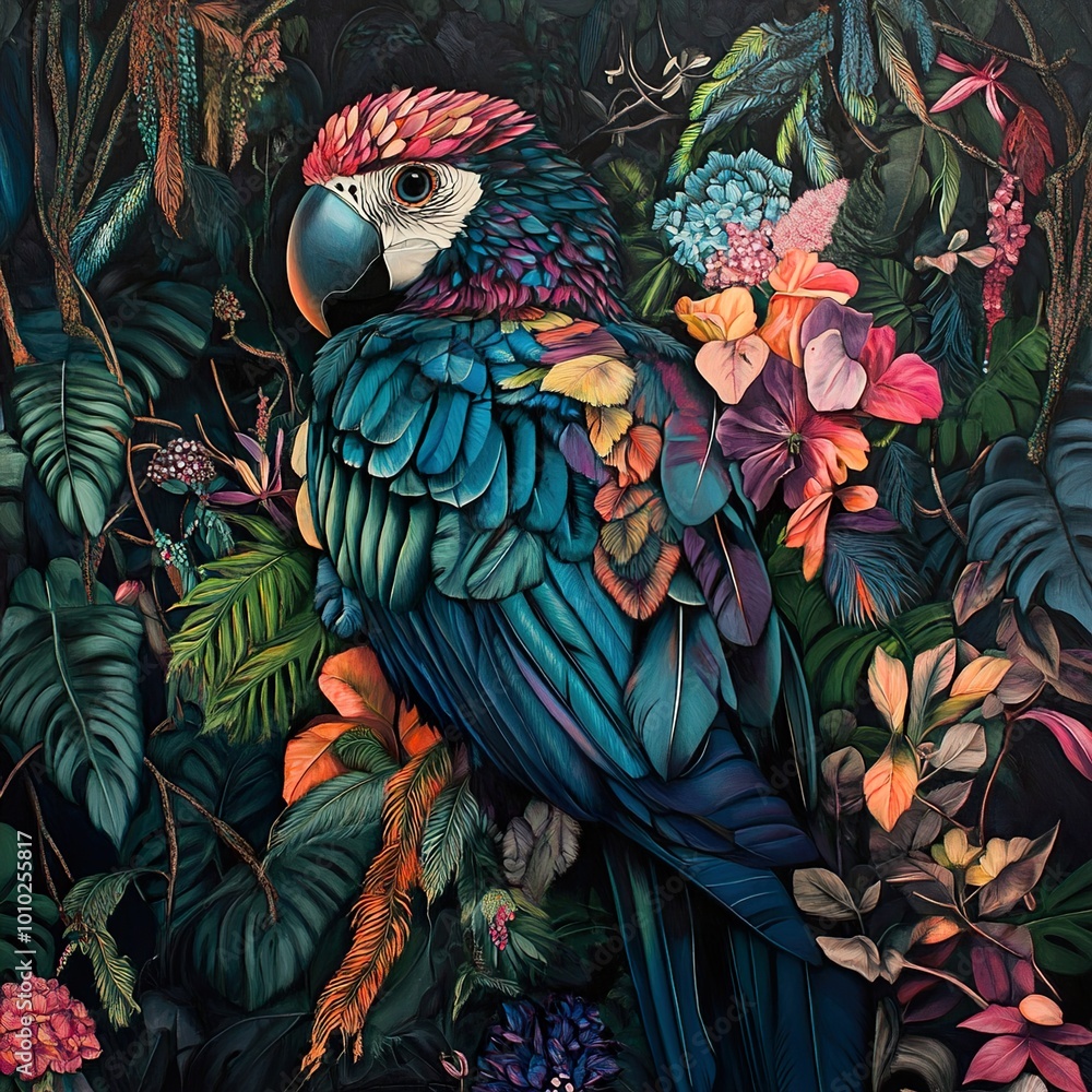 Obraz premium Vibrant Macaw in Lush Tropical Jungle - A Detailed Painting