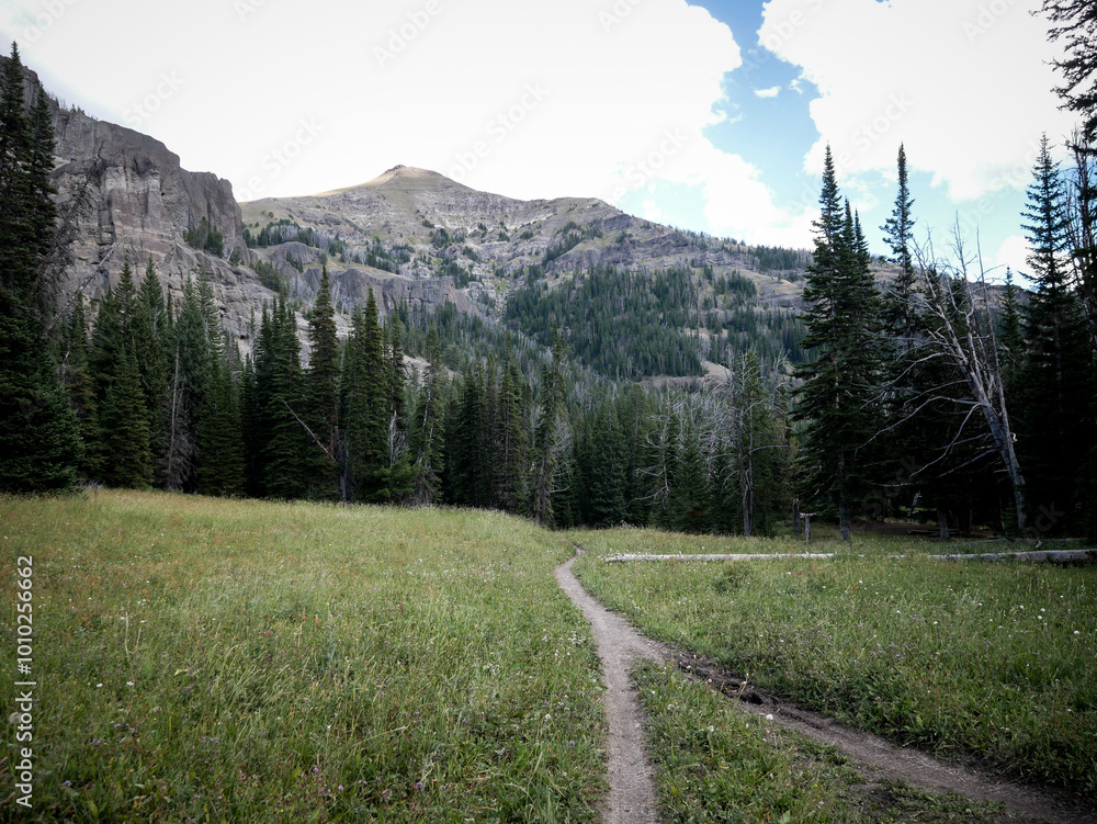 Fototapeta premium Trail and Rocky cliffs in Madison Mountains near Big Sky Montana in summer