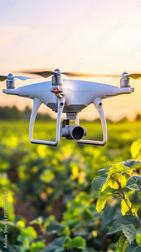 Modern drone flying over lush green field during sunset Modern drone flying over lush green field during sunset