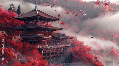 The temple built on the mountains in Japan with pink leafed trees around it is in ultra HD 8K resolution  photo