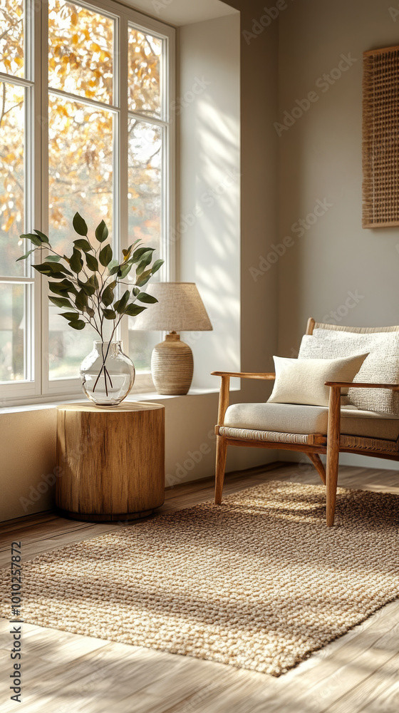 Naklejka premium Cozy living room with a large window and a comfy chair.