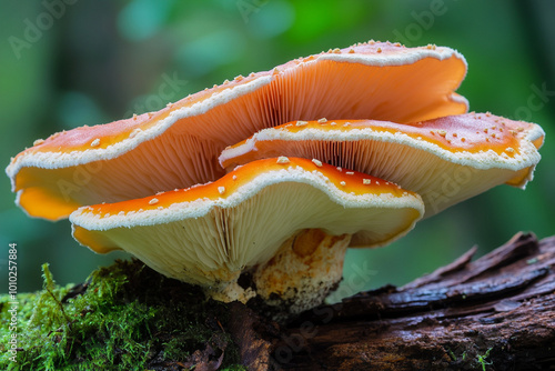 Fungi, mushrooms grow around logs in the forest.