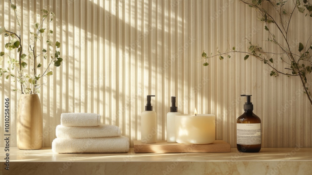 A minimalist bathroom shelf with towels, candles, and toiletries in front of a textured wall. A minimalist bathroom shelf with towels, candles, and toiletries in front of a textured wall.