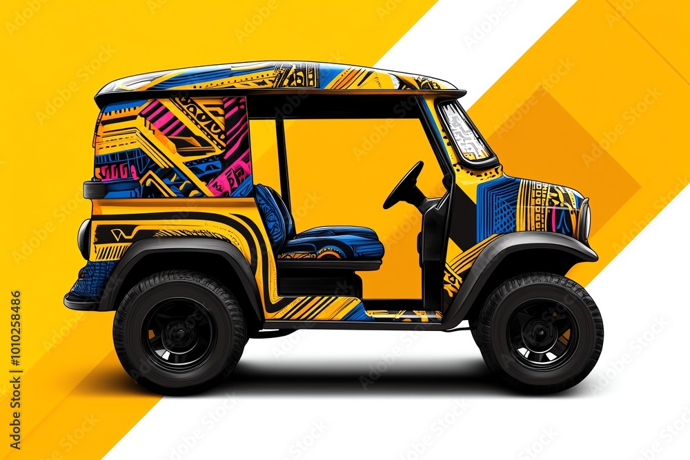 Fototapeta premium Simple line art of a Tuk Tuk, with bold, minimalist colors representing the vehicle’s vibrant patterns against a clean, geometric background.