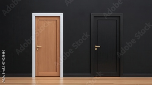 Two contrasting doors, modern design, minimalistic interior.