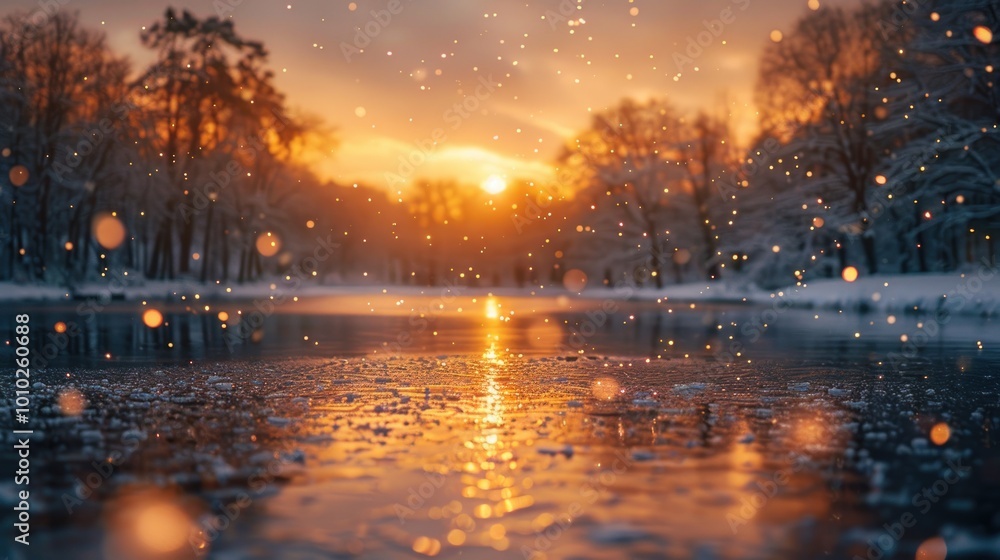 A frozen lake at sunset with trees in the background, the setting sun casting golden light over the ice and snow. A frozen lake at sunset with trees in the background, the setting sun casting golden light over the ice and snow.