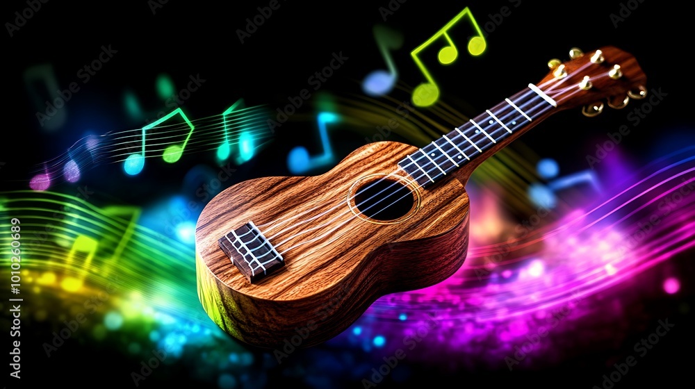 Obraz premium A ukulele with colorful musical notes in the background.