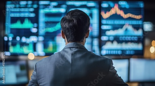 Businessman Analyzing Financial Data on Multiple Screens