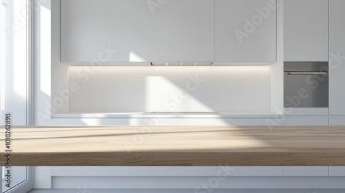 Wooden light empty table top in modern white kitchen, kitchen panel in interior