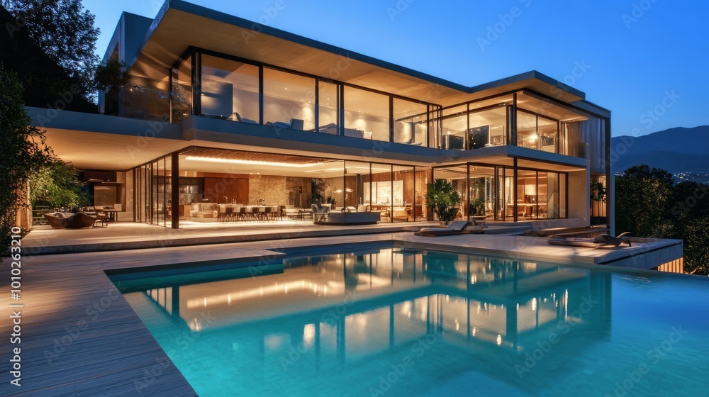 Contemporary luxury home with private pool at evening, large clear windows glow from within. Modern design, open spaces, and serene atmosphere. Contemporary luxury home with private pool at evening, large clear windows glow from within. Modern design, open spaces, and serene atmosphere.