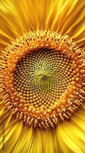 Close-up view of sunflower showcasing intricate patterns and vibrant yellow petals