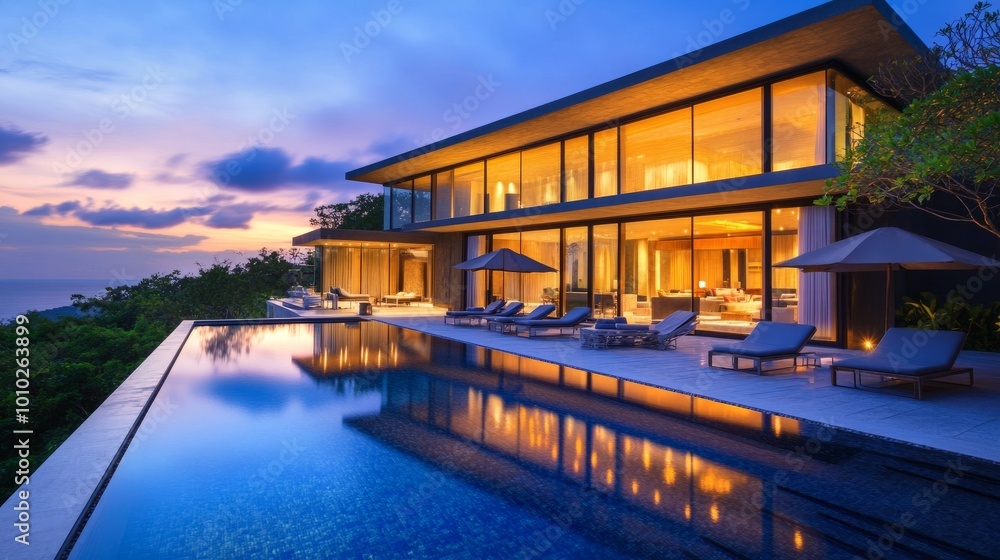 Contemporary luxury villa with private pool at dusk, warm lights from inside visible through wide windows. Serene outdoor setting with lounge chairs. Contemporary luxury villa with private pool at dusk, warm lights from inside visible through wide windows. Serene outdoor setting with lounge chairs.