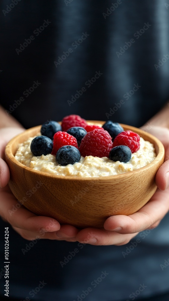 Person holding a wooden bowl of oatmeal topped with fresh berries Person holding a wooden bowl of oatmeal topped with fresh berries
