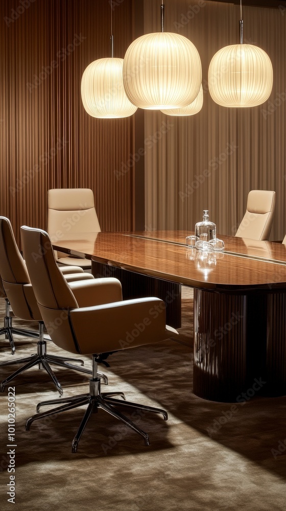 Elegant conference room with sleek chairs and contemporary lighting design Elegant conference room with sleek chairs and contemporary lighting design